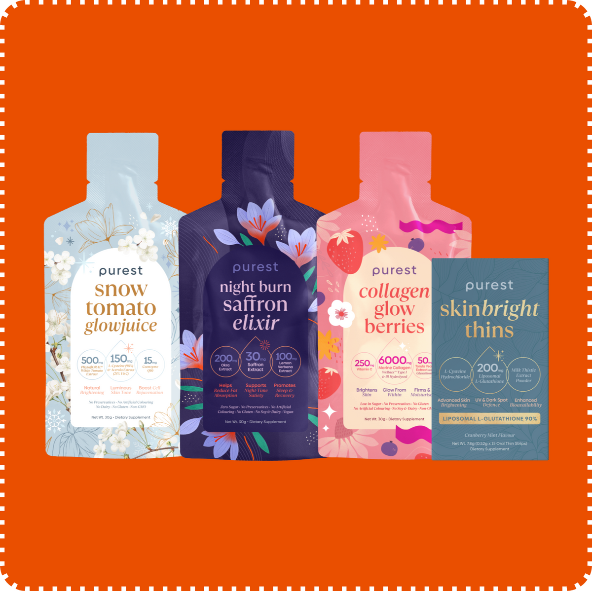 Php 1,111 Flash Deal: Snow Tomato Glowjuice, Night Burn Saffron Elixir and Collagen Glow Berries sachets and a box of Skinbright Thins