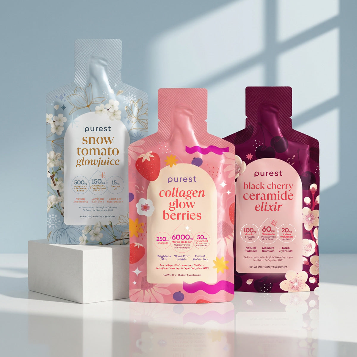 Skincare Trinity Bundle: Snow Tomato Glowjuice, Collagen Glow Berries and Black Cherry Ceramide Elixir
