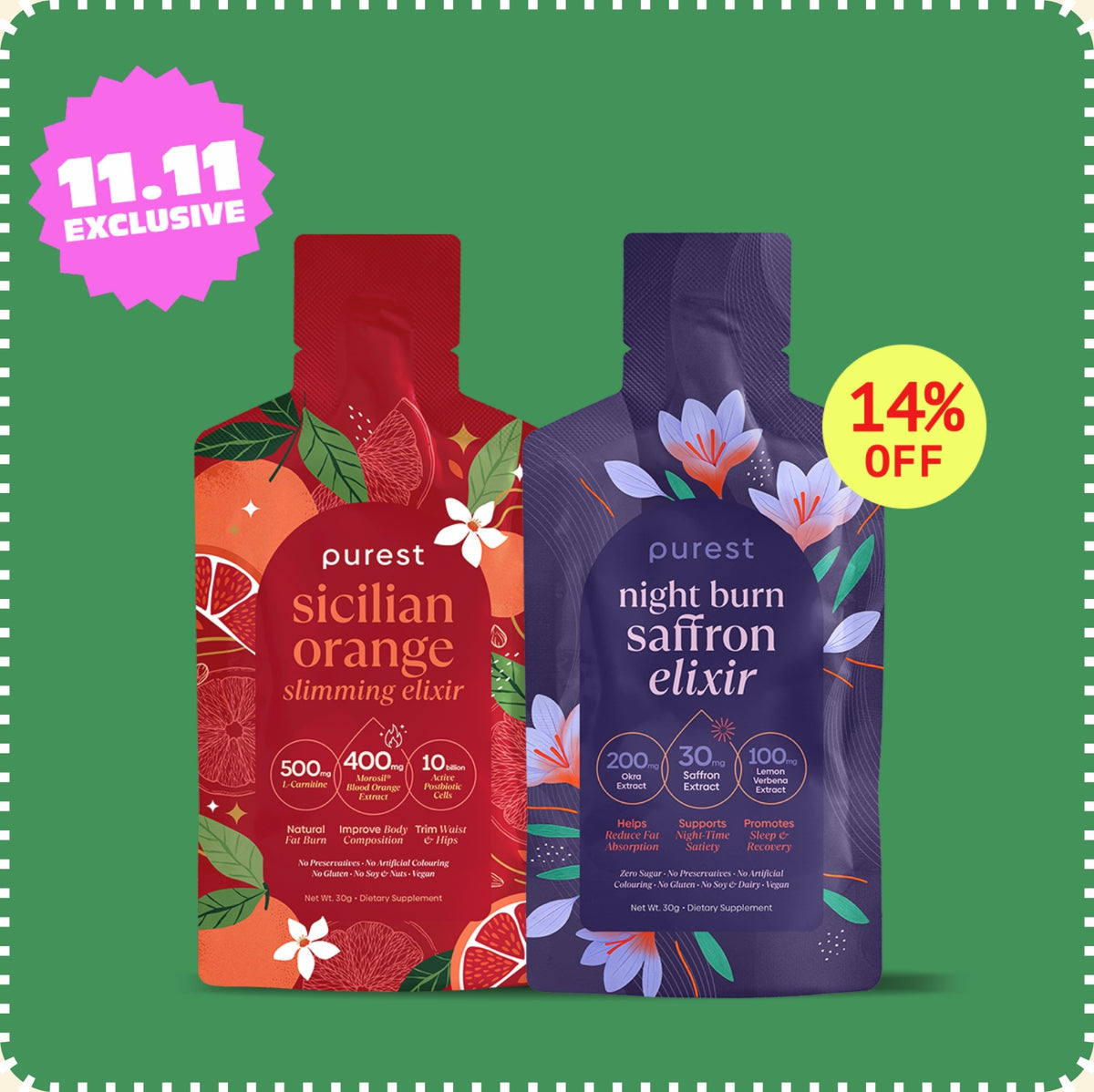 11.11 Special Bundle: 30 sachets each of Sicilian Orange Slimming Elixir and Night Burn Saffron Elixir, 14% off