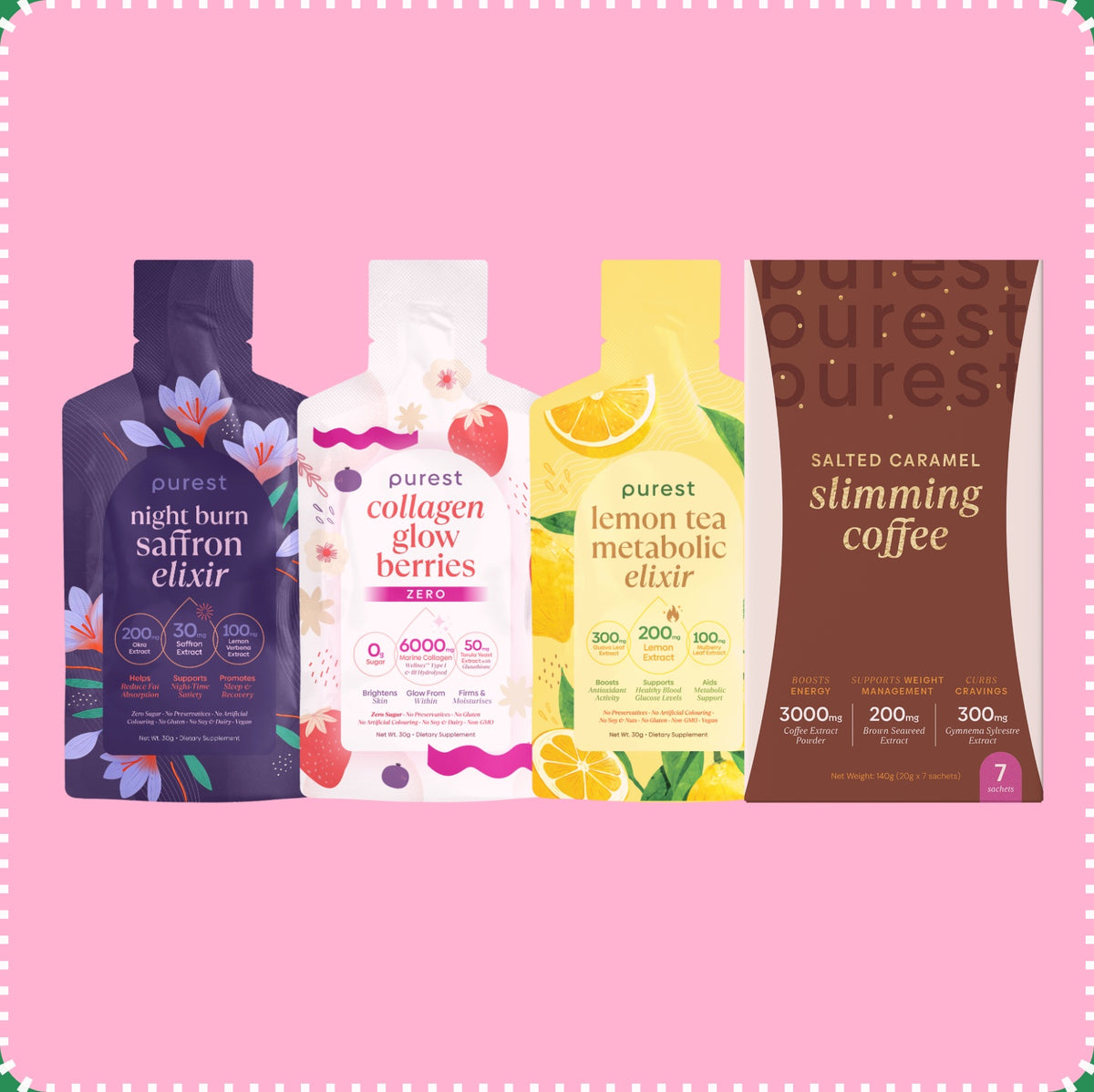 Php1,111 Flash Deal: Night Burn Saffron Elixir, Collagen Glow Berries Zero and Lemon Tea Metabolic Elixir sachets and a box of Salted Caramel Slimming Coffee