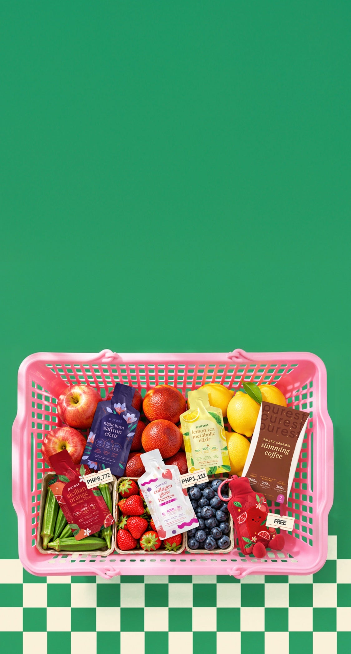A pink Purest Mart shopping basket filled with Night Burn Saffron Elixir, Lemon Tea Metabolic Elixir, Sicilian Orange Slimming Elixir and Collagen Glow Berries sachets, Salted Caramel Slimming Coffee, fresh fruit and a plushie