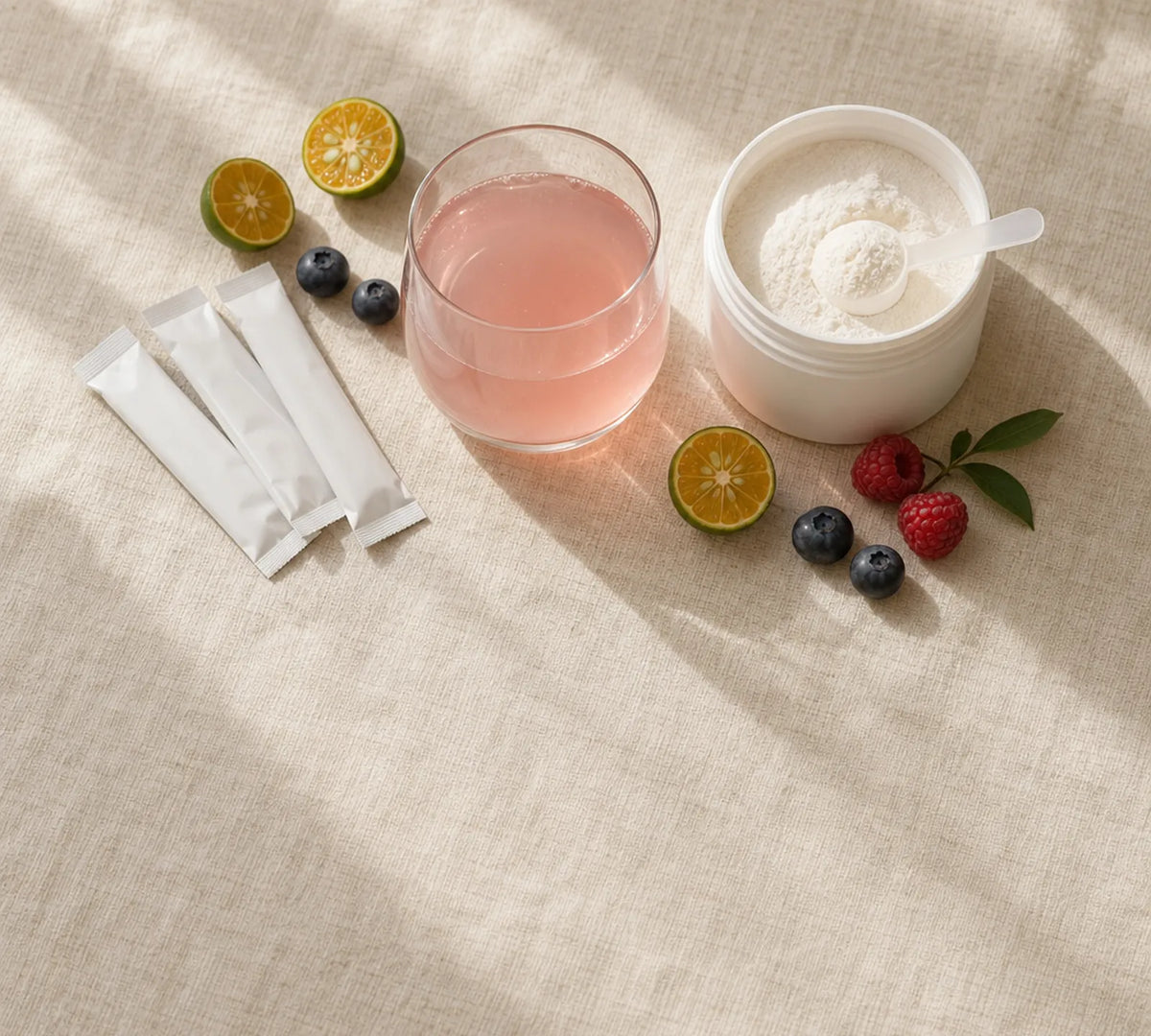 Glass of pink collagen drink beside a scoop of collagen powder and sachets on a warm table