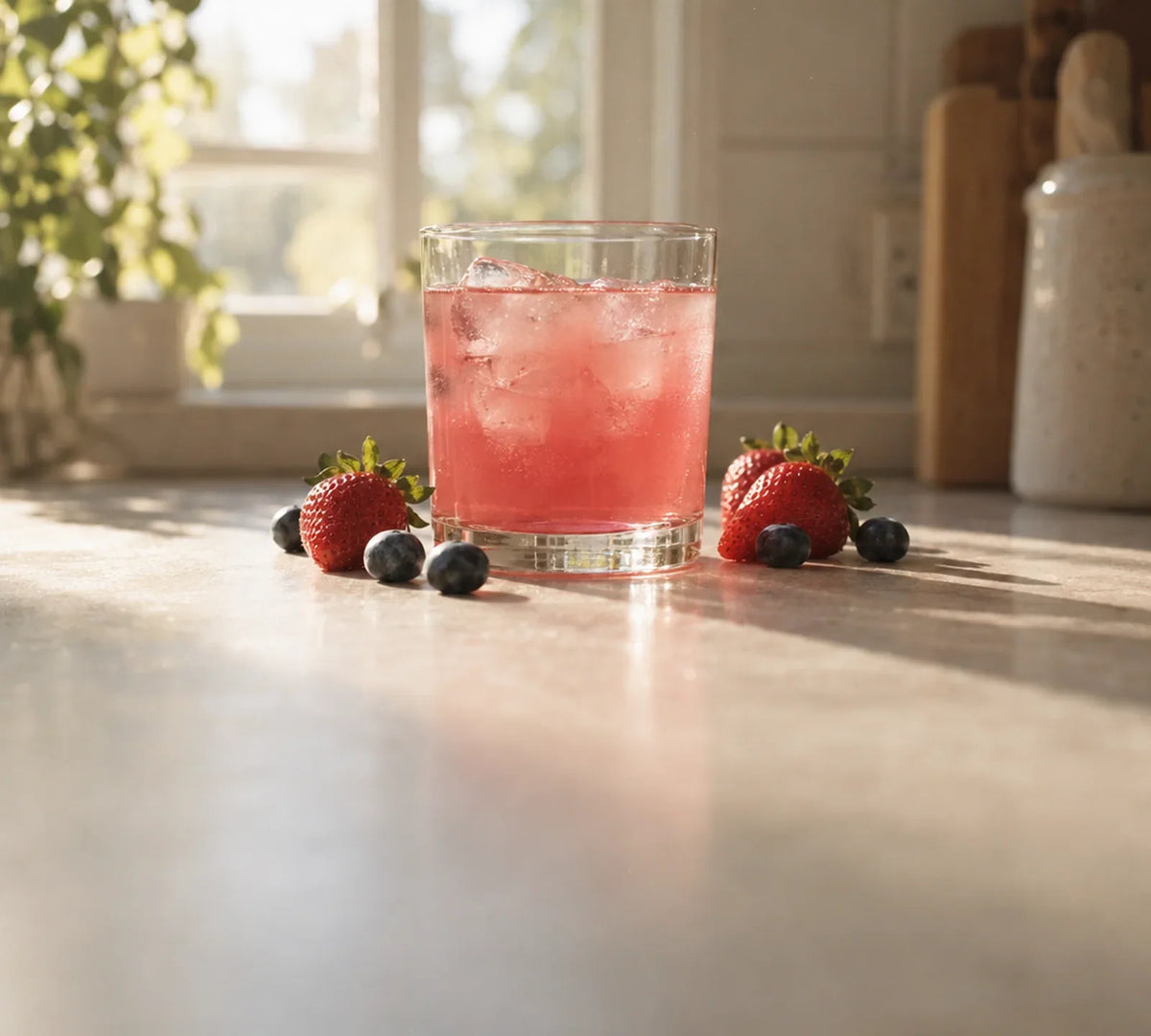 Glass of berry-pink drink and a scattering of fresh berries on a sunlit kitchen counter in the morning