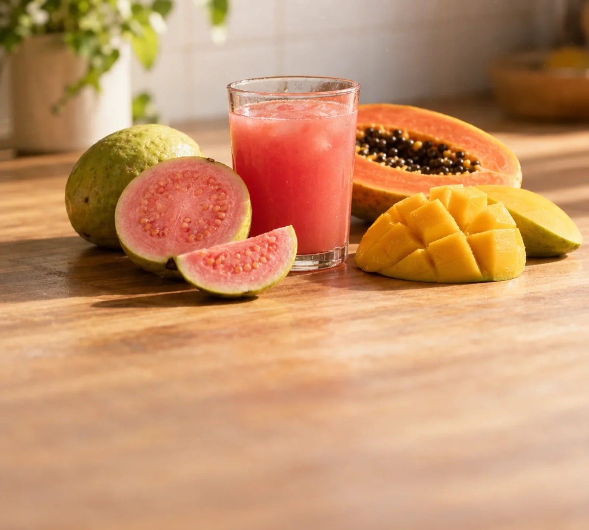 Fresh guava, papaya and mango slices beside a glass of pink drink on a sunlit kitchen counter