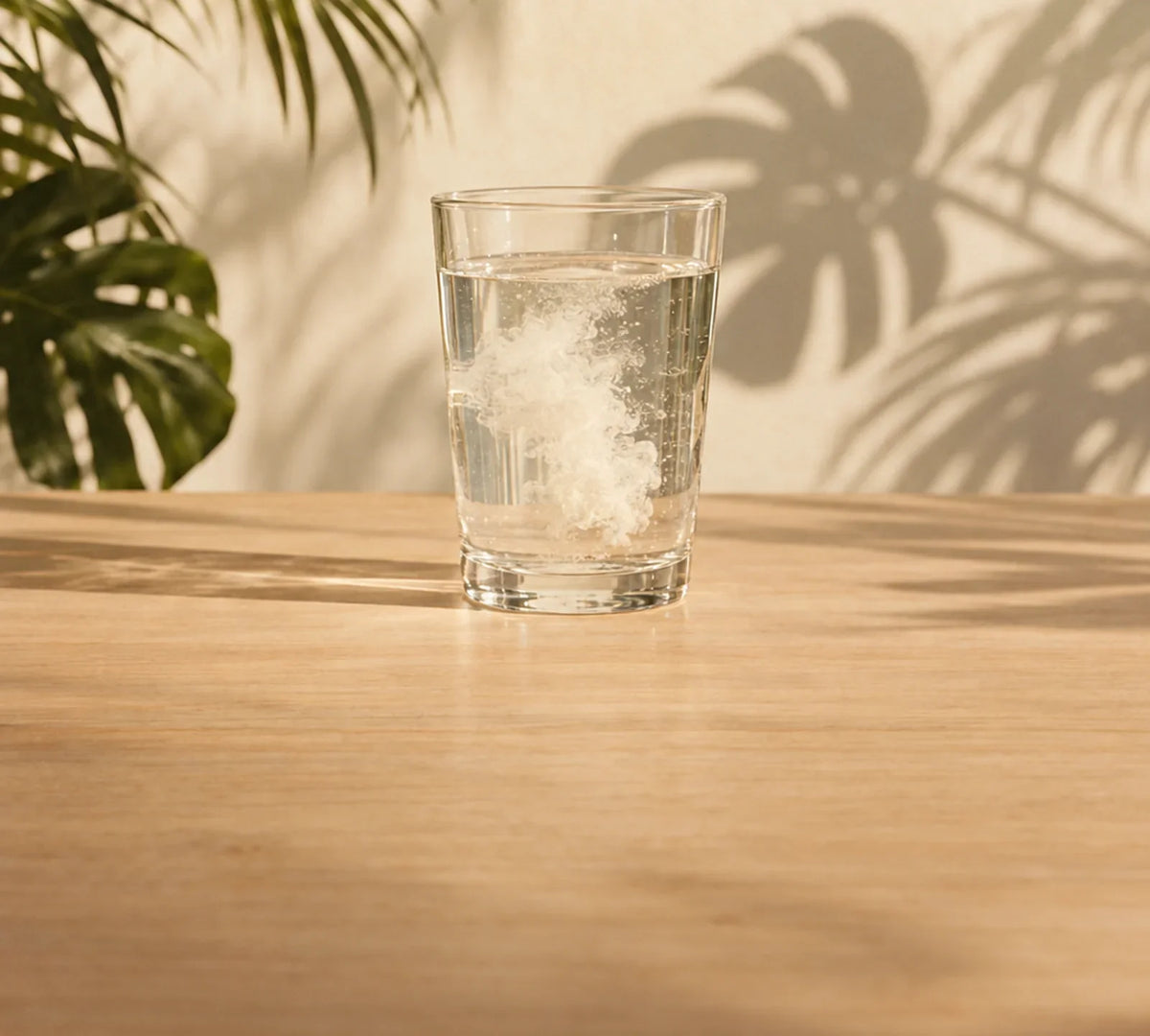 Glass of water with collagen powder dissolving, on a sunlit wooden table with leaf shadows