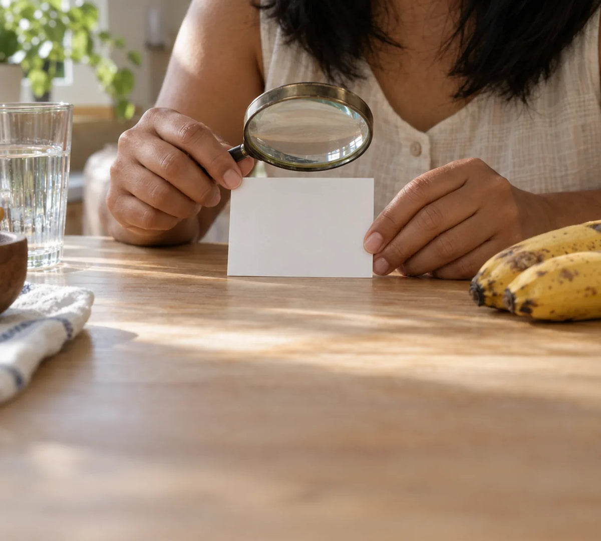 Hands holding a magnifying glass over a blank card on a kitchen counter, beside a glass of water and saba bananas