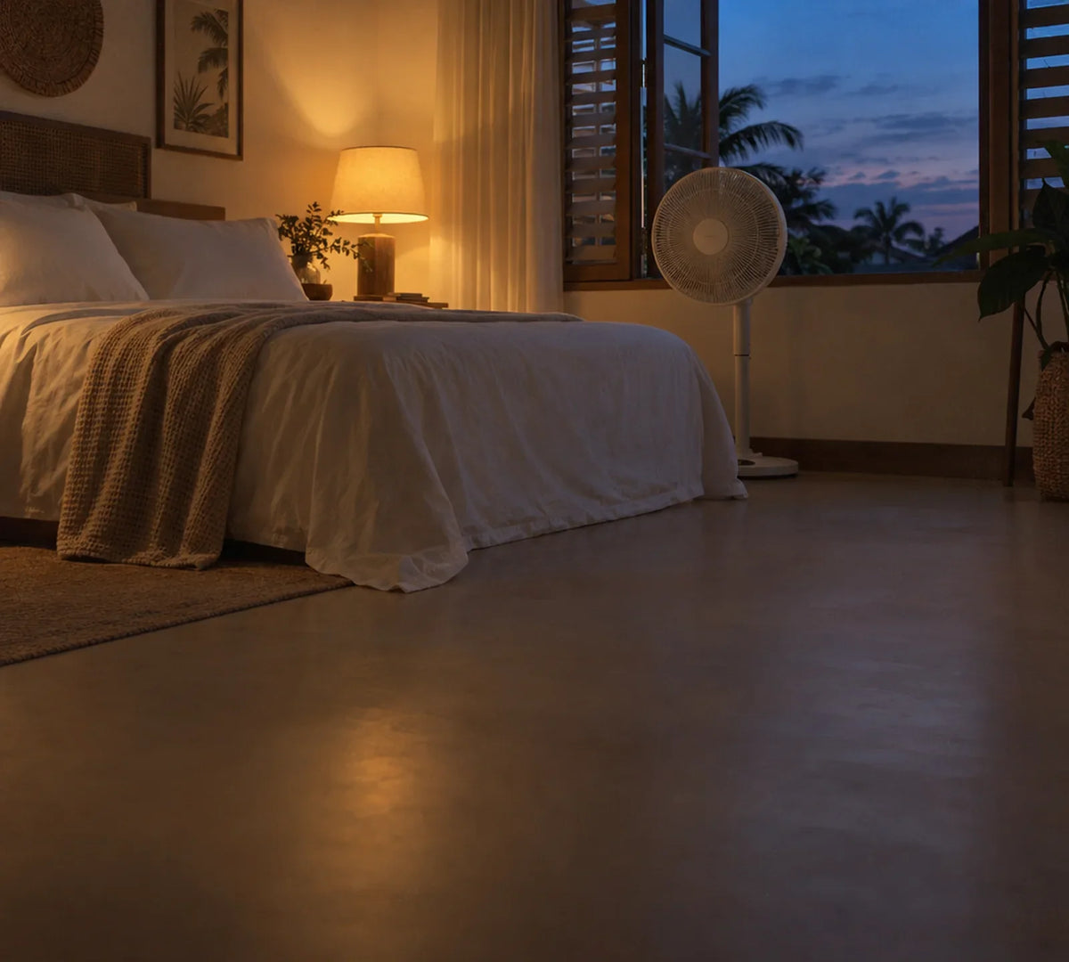 Calm Filipino bedroom at dusk with cotton sheets, a stand fan and warm lamp light