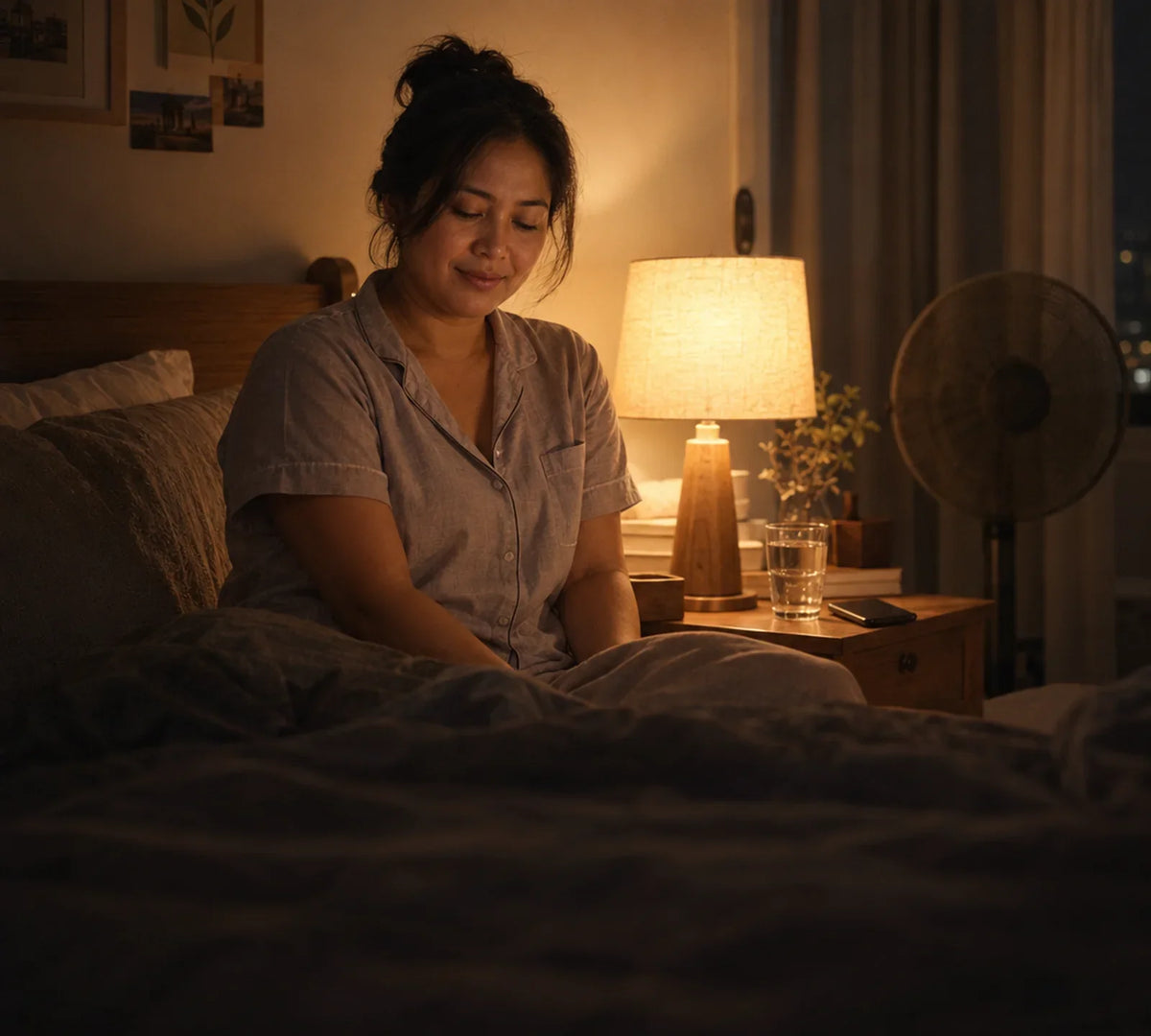 Filipina woman winding down by a warm bedside lamp in a softly lit bedroom at night