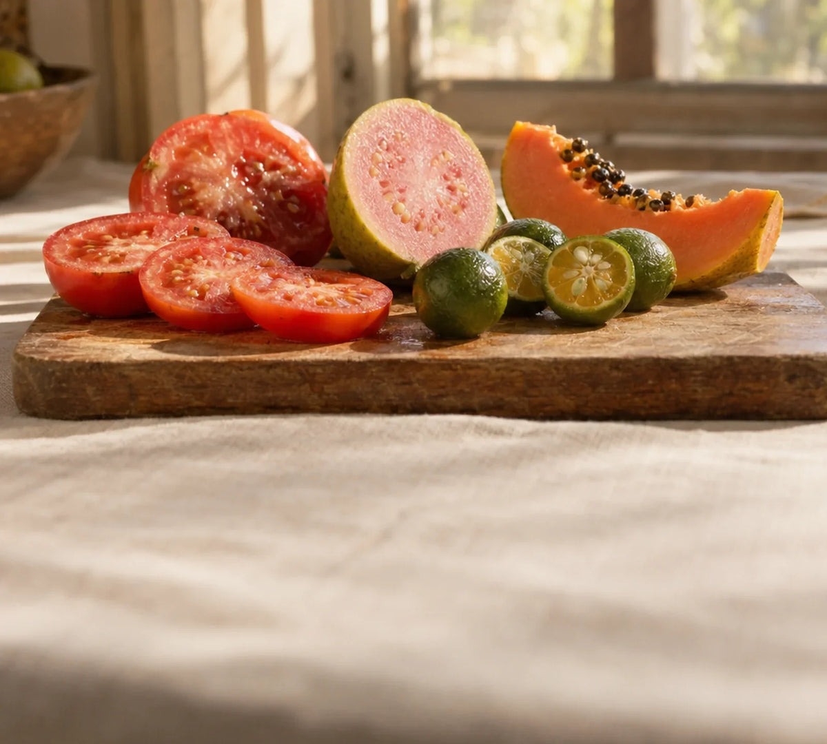 Sliced tomatoes, guava, calamansi and papaya on a wooden board in warm morning light
