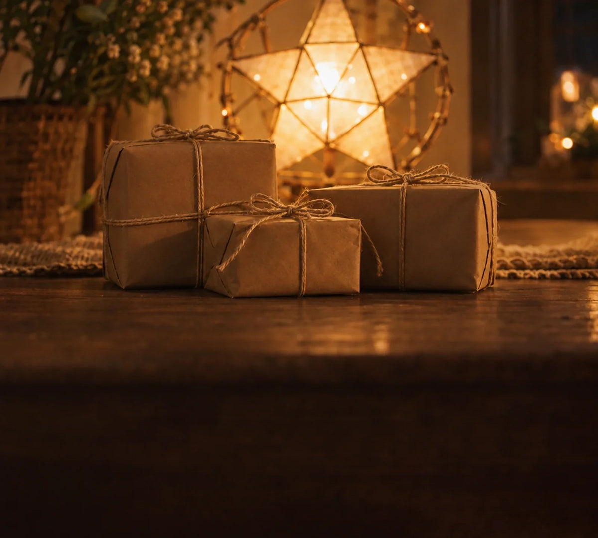 Wrapped gift boxes on a wooden table with a glowing capiz parol in the background
