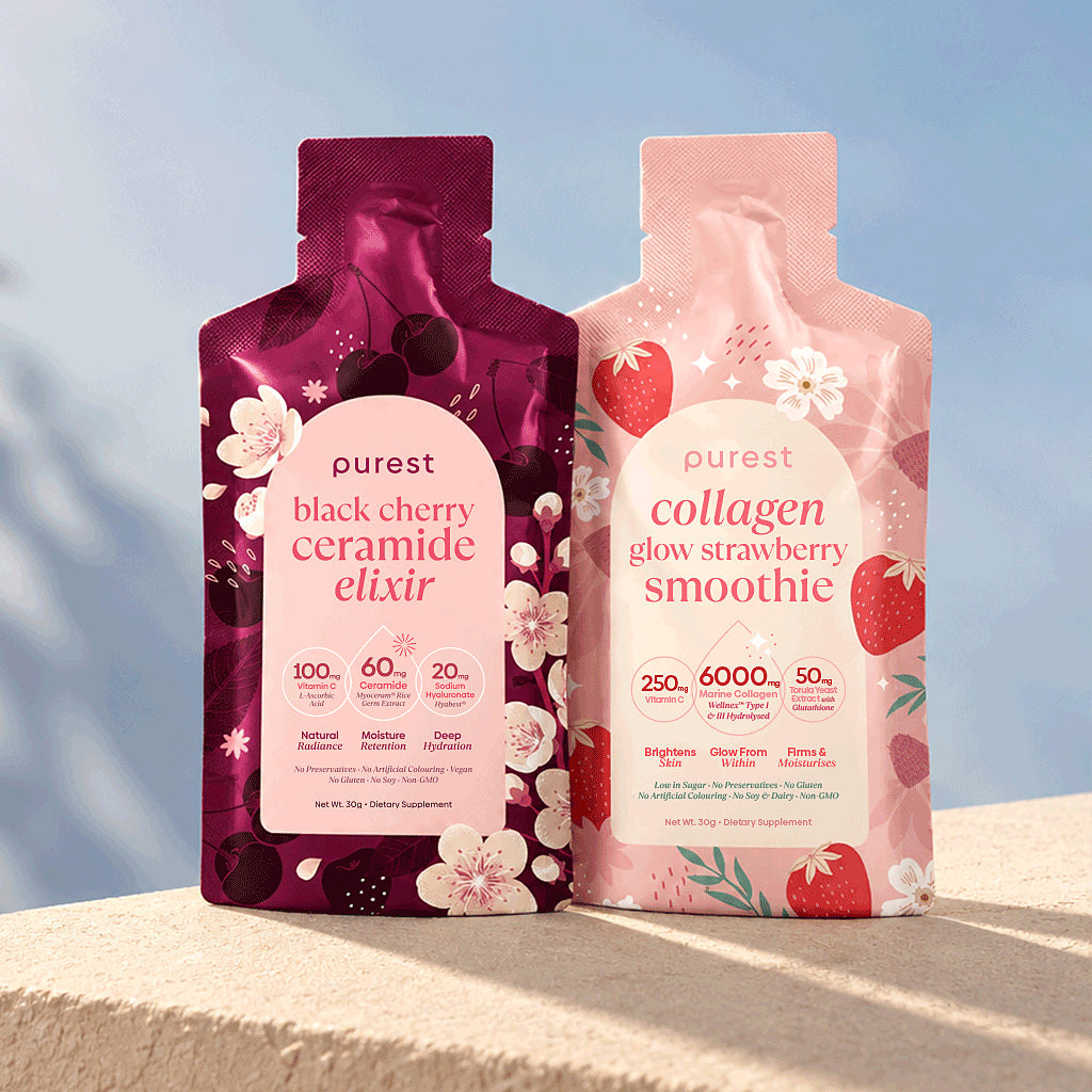 Black Cherry Ceramide Elixir and Collagen Glow Strawberry Smoothie, 5 sachets each