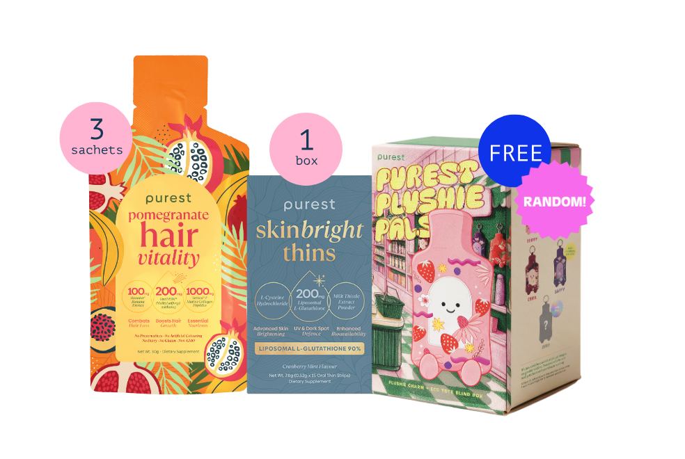 3 Pomegranate Hair Vitality sachets, a box of SkinBright Thins and a Purest Plushie Pals blind box