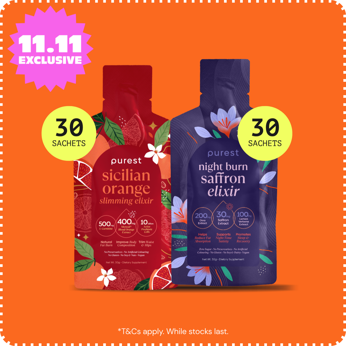 11.11 Special Bundle: 30 sachets each of Sicilian Orange Slimming Elixir and Night Burn Saffron Elixir