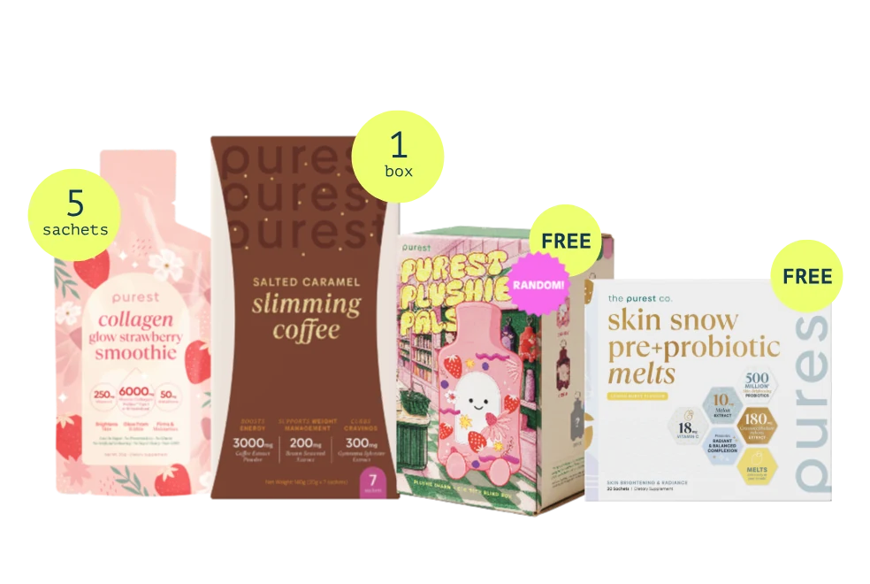 Collagen Glow Strawberry Smoothie sachets, Salted Caramel Slimming Coffee, a Purest Plushie Pals blind box and Skin Glow Pre+Probiotic Melts